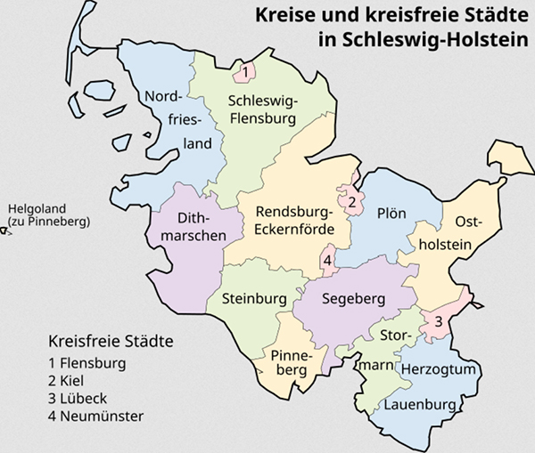 Eine Landkarte mit den Kreisen und kreisfreien Städten in Schleswig-Holstein
